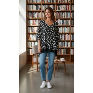 Women's Zac & Black/White Polka‎ Dot Bat Wing Top Size L Flowy